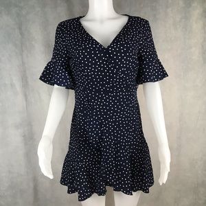 Polka Dot Blue Ruffle V Neck Wrap Mini Dre…